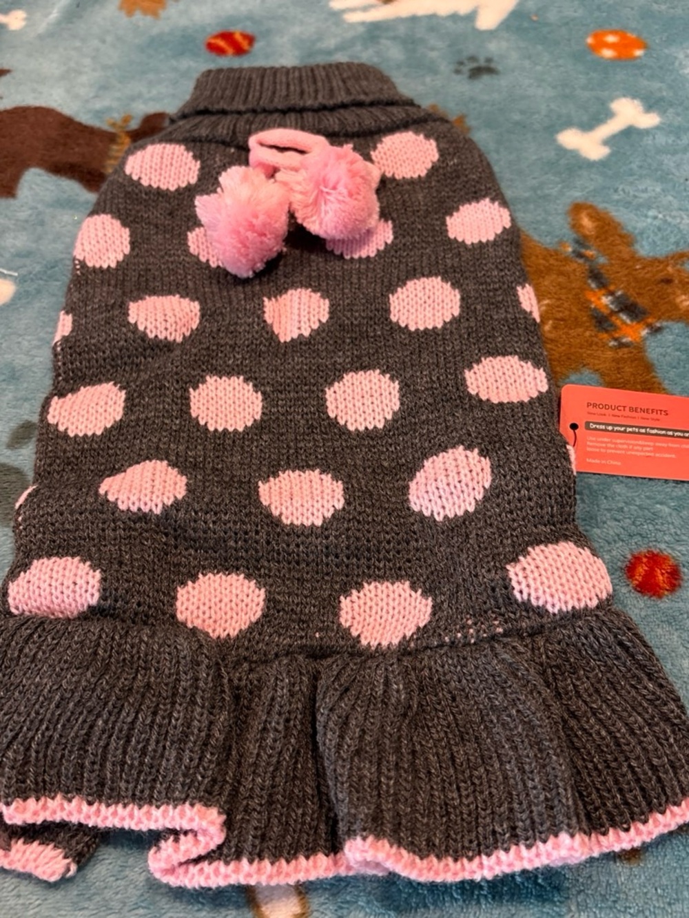 Kids Polka Dot Knit Dress with Pom-Pom Accent - Pink on Gray medium